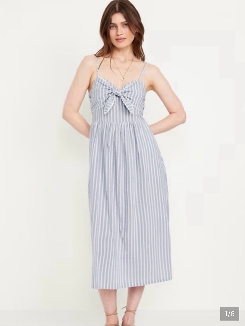 Preppy Blue and White Seersucker Striped Tie-Front Midi Dress